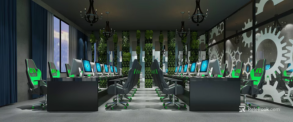 Modern Gaming Cafe Interior With High Performance Computers Comfortable Chairs Green Plant Walls And Chandeliers 3d model 