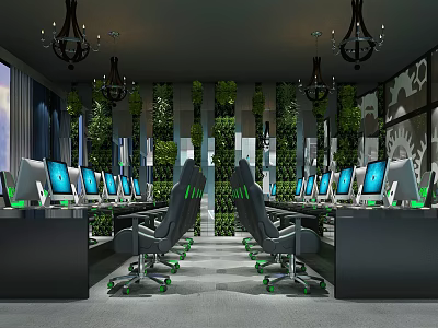 Modern Gaming Cafe Interior With High Performance Computers Comfortable Chairs Green Plant Walls And Chandeliers 3d model