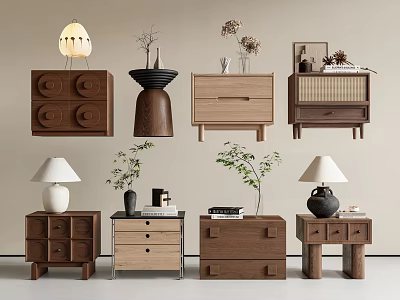Wooden Bedside Tables With Various Designs Drawers Table Lamps Plants And Decor 3d model