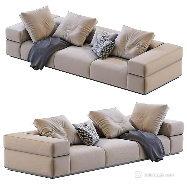 Modern Beige Sectional Sofa With Plush Pillows And Gray Throw Blanket 3d model