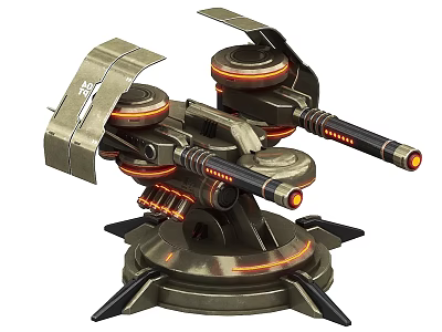 Futuristic Dual Barrel Weapon Turret with Metallic Structure Orange Glowing Components and Stable Base 3d model