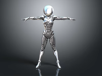 Silver Humanoid Robot With Metallic Body Standing In Shiny Pose And Arms Outstretched 3d model