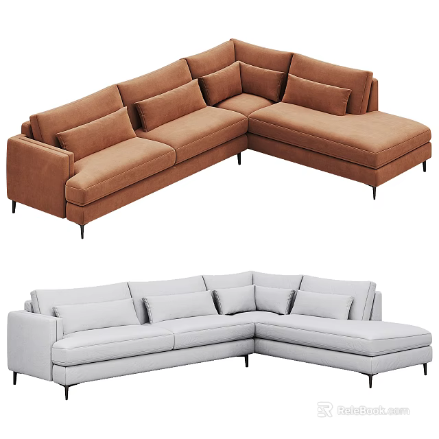 Brown And Light Gray Sectional Sofa Set With Multiple Cushions And Black Slim Legs 3d model