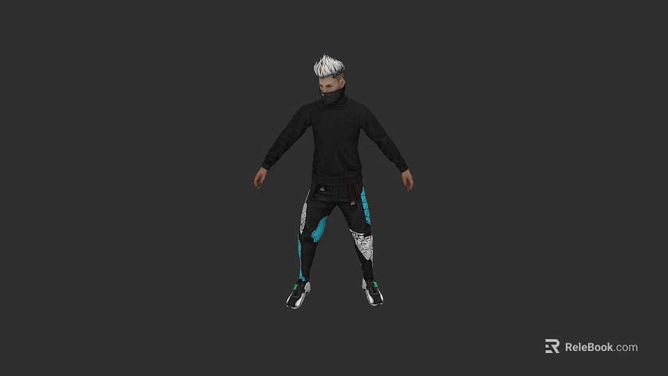 Sci Fi Weapon Held By 3D Character In Black Outfit With Blue White Pants 3d model 