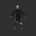 Sci Fi Weapon Held By 3D Character In Black Outfit With Blue White Pants