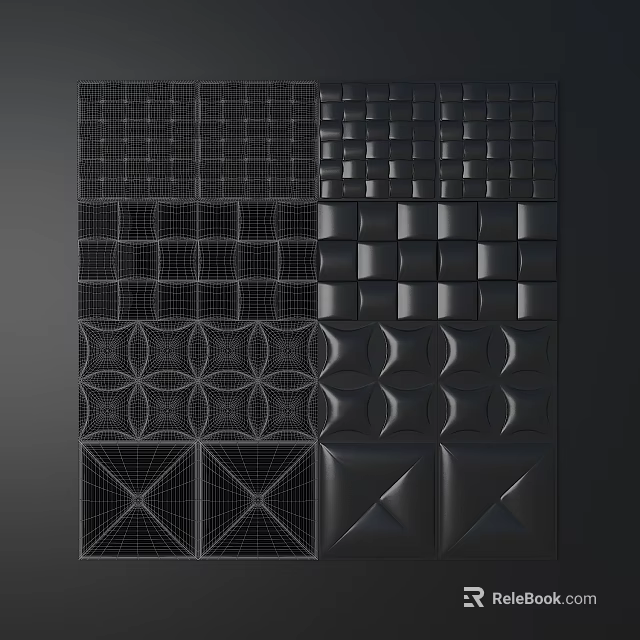 Modern Black Upholstered Wall Panels Showcasing Various Geometric Patterns And Textures 3d model 