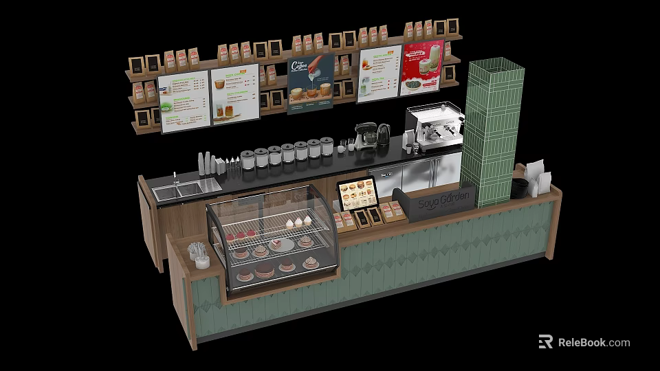 Wooden Green Cafe Reception Counter With Pastry Display Coffee Machine And Menu Boards 3d model 