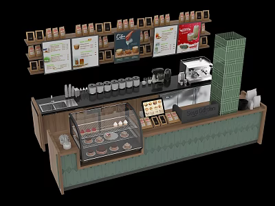 Wooden Green Cafe Reception Counter With Pastry Display Coffee Machine And Menu Boards 3d model