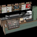 Wooden Green Cafe Reception Counter With Pastry Display Coffee Machine And Menu Boards