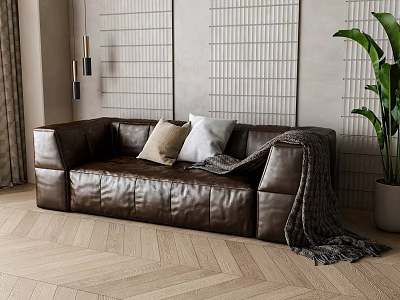 Brown Leather Loveseat With Pillows And Blanket In Minimalist Interior 3d model