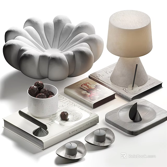 Modern Elegant Ornamental Decor Collection With Petal Shaped Ornament Table Lamp Books And Chocolate Bowl 3d model 