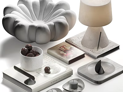 Modern Elegant Ornamental Decor Collection With Petal Shaped Ornament Table Lamp Books And Chocolate Bowl 3d model