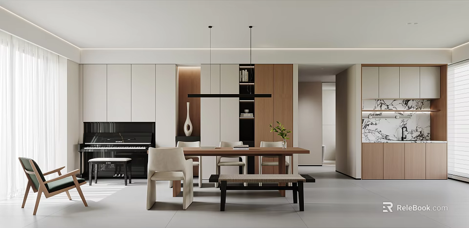 Modern Restaurant Open Concept Interior With Wooden Dining Table Comfortable Chairs And Hanging Lights 3d model