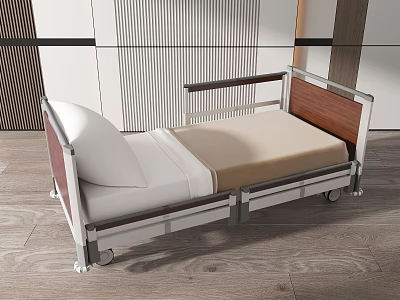 Modern Medical Bed With Metal Frame Wooden Headboard Comfortable Mattress And Wheels 3d model