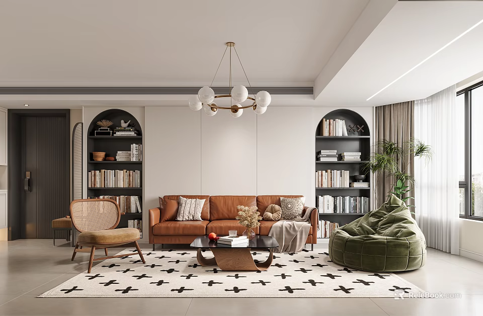 Modern Living Room With Brown Sofa Open Bookshelves Green Bean Bag And Black White Rug 3d model 