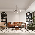 Modern Living Room With Brown Sofa Open Bookshelves Green Bean Bag And Black White Rug