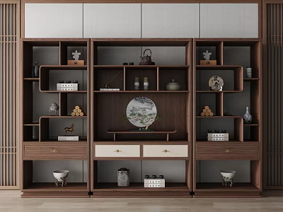 Traditional Chinese Wooden Antique Display Shelf With Multi Tiered Design Tea Sets And Porcelain Ornaments 3d model