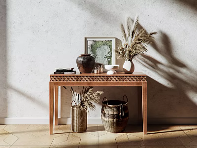 Elegant Console Table in Sunlit Interior With Textured Wall Dried Pampas Vase and Picture Frame 3d model