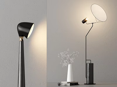Modern Black Floor Lamps With Curved Stand Round Shade White Vase And Books 3d model