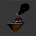 Volcanic Terrain With Erupting Black Smoke Lava Flow And Floating Rocks