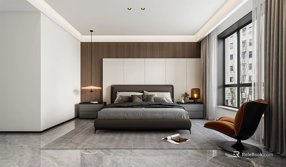 Modern Bedroom Interior Design With Wooden Headboard Wall Nightstands Armchair And Marble Floor Tiles 3d model 