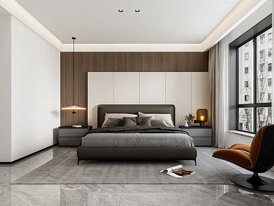 Modern Bedroom Interior Design With Wooden Headboard Wall Nightstands Armchair And Marble Floor Tiles 3d model