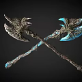Two Crossed Fantasy Style Axes With Intricate Designs Blue And Silver Blades Vine Textured Handles