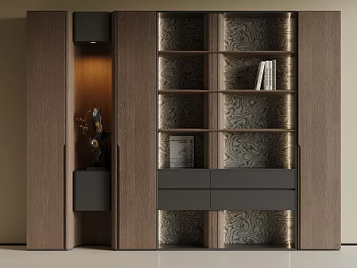 Elegant Modern Wooden Bookcase With Shelves Drawers And Decorative Sculpture 3d model