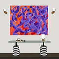 Abstract Purple Orange Painting Above Glass Console Table With Striped Legs And Wall Sconces
