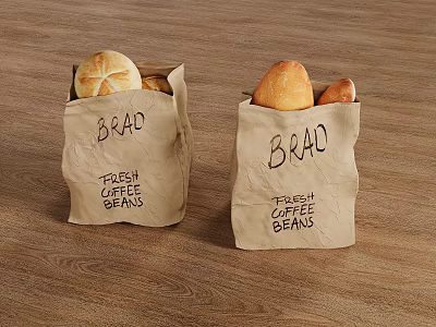 Fresh Bread and Coffee Beans in Brown Paper Bags on Wooden Table 3d model