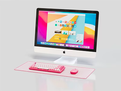 Apple iMac Desktop Computer With Pink Keyboard Mouse Transparent Mouse Pad And Colorful Interface Icons 3d model