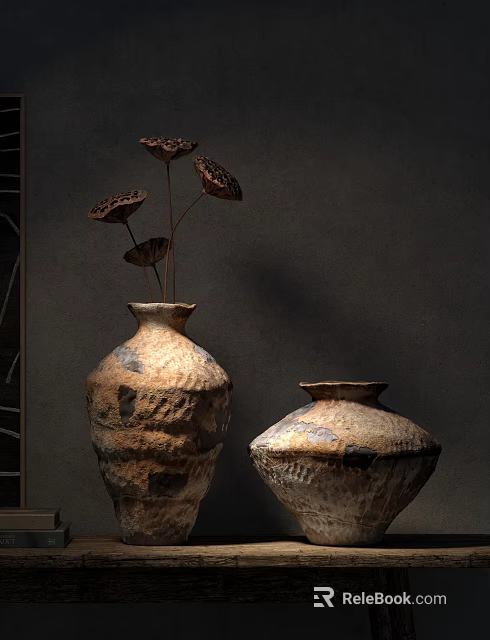 Rustic Handcrafted Ceramic Vases With Textured Earthen Tones And Dried Lotus Pods 3d model 