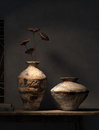 Rustic Handcrafted Ceramic Vases With Textured Earthen Tones And Dried Lotus Pods 3d model