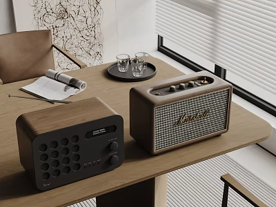 Modern Home Entertainment Speakers On Wooden Table With Open Magazine And Glasses 3d model