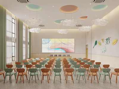 Spacious Kids Classroom Interior With Colorful Circular Cloud Pendant Lights Large Mural And Fruit Decor 3d model