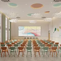 Spacious Kids Classroom Interior With Colorful Circular Cloud Pendant Lights Large Mural And Fruit Decor