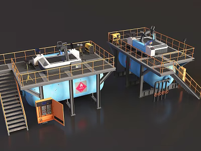 Industrial Equipment Featuring Blue Storage Tanks Yellow Railings And Metal Platform Structures 3d model