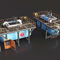 Industrial Equipment Featuring Blue Storage Tanks Yellow Railings And Metal Platform Structures