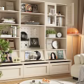 Stylish Bookcase Display With Books Vinyl Records Photo Frames Clock Decorations And Potted Plants