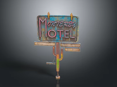 Vintage Monterey Hotel Motel Signage With Register Vacancy Plates And Cactus Support 3d model