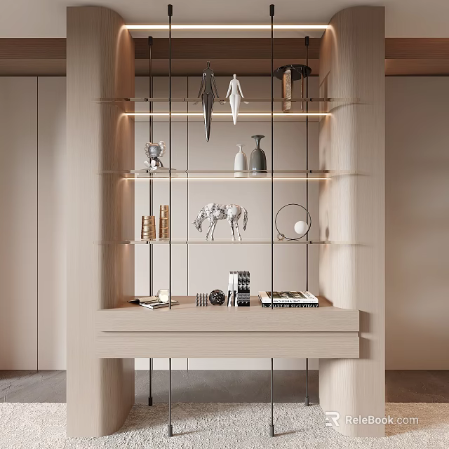 Light Luxury Style Storage Shelf With Glass Layers And Decorative Ornaments 3d model 