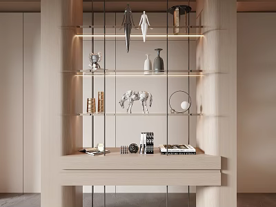 Light Luxury Style Storage Shelf With Glass Layers And Decorative Ornaments 3d model