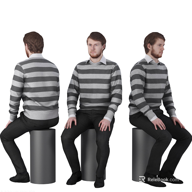 Man in Striped Sweater and Black Pants Sitting on Cylindrical Stool Multiple Angles View 3d model 