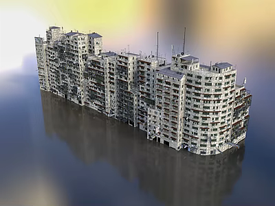Submerged High Rise Residential Buildings With Water Reflection And Multiple Floors 3d model