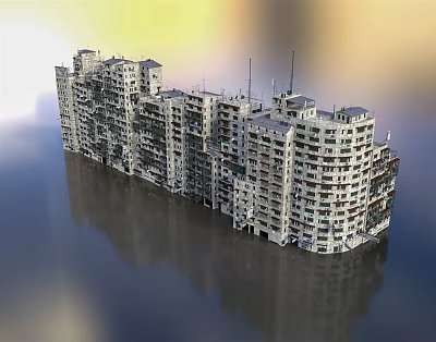 Submerged High Rise Residential Buildings With Water Reflection And Multiple Floors 3d model