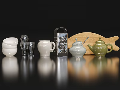 Kitchen Utensils With Stacked Bowls Glass Cups Grater Sugar Bowl And Teapot On Wooden Tray 3d model