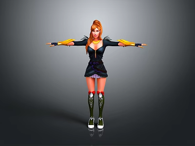 Stylish Woman With Orange Hair Black Outfit Yellow Sleeves White Shoes Standing With Arms Outstretched 3d model