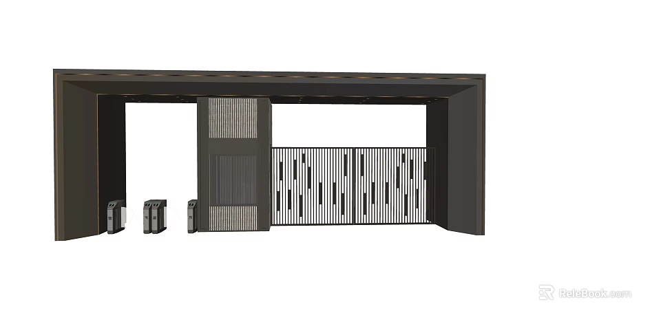 Modern Entrance Gate Design With Vertical Slats And Black Frame Structure 3d model