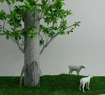 Tall Arbor With Lush Green Leaves And Thick Trunk On Green Grass With Sheep 3d model
