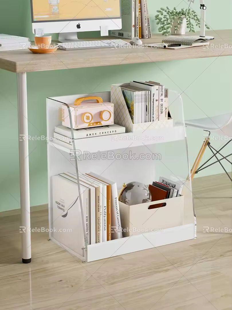 Study Desk Bookshelf Book Storage Box Acrylic Computer Coffee Cup Green Plant Potted Laptop Keyboard Mouse Table Lamp Globe 3d model